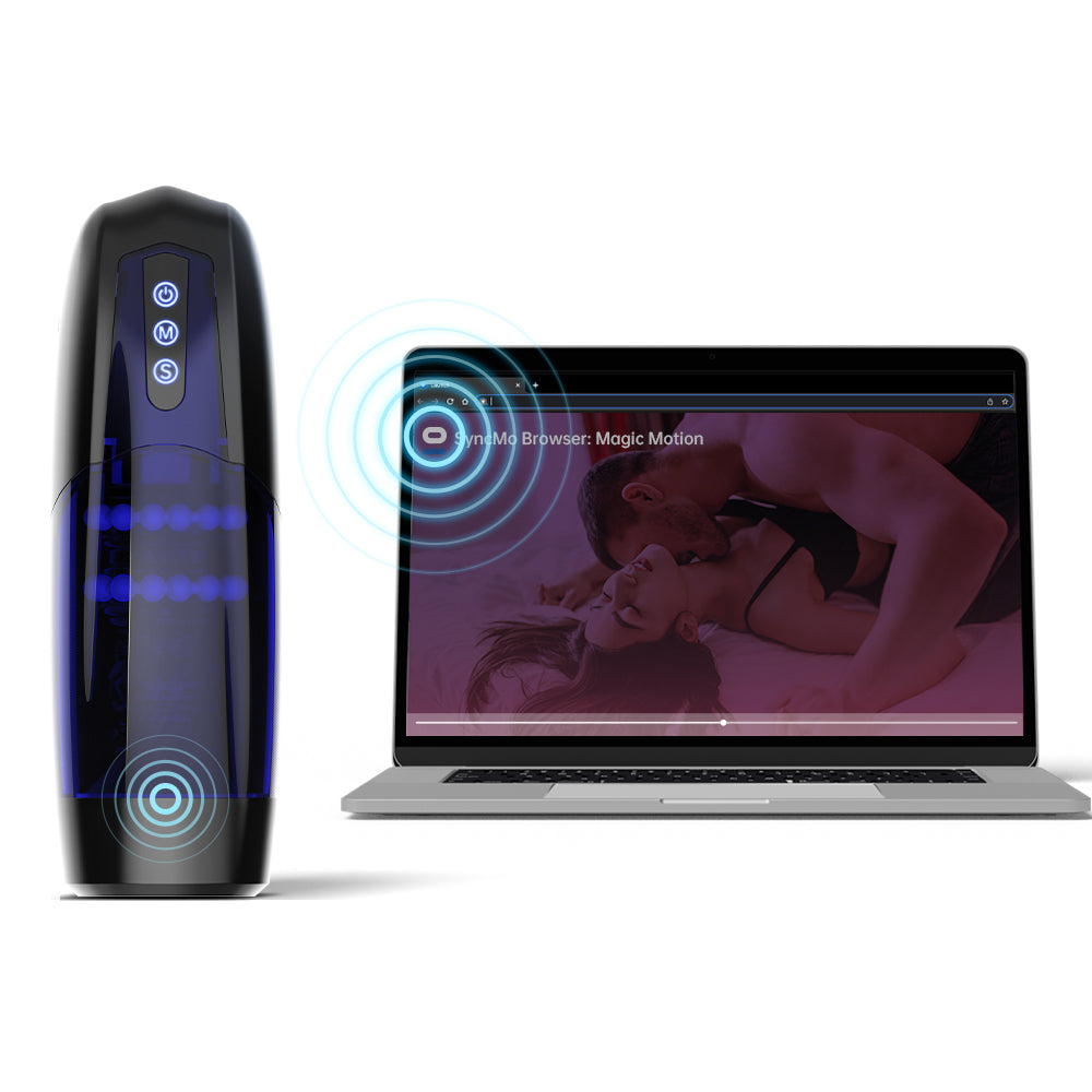 Black Xone male stroker beside a laptop with wireless-control graphics.