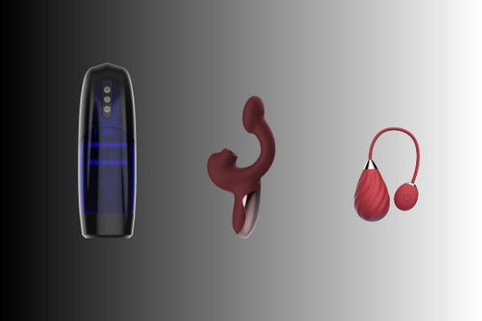 Three intimate wellness products on a gray gradient background.