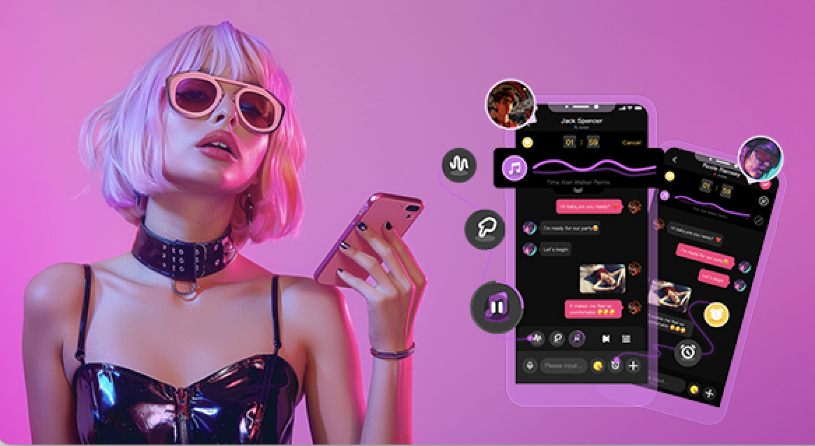 Abstract cyberpunk model with smartphone and interactive interface, representing modern intimacy technology.