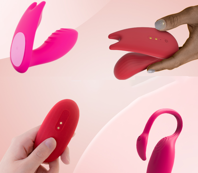 Collage of pink and red wearable vibrators.