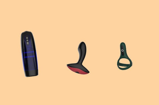 Three intimate wellness products on a beige background.