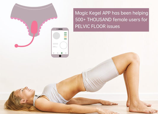 Pelvic floor training graphic with Magic Kegel app and a woman exercising.