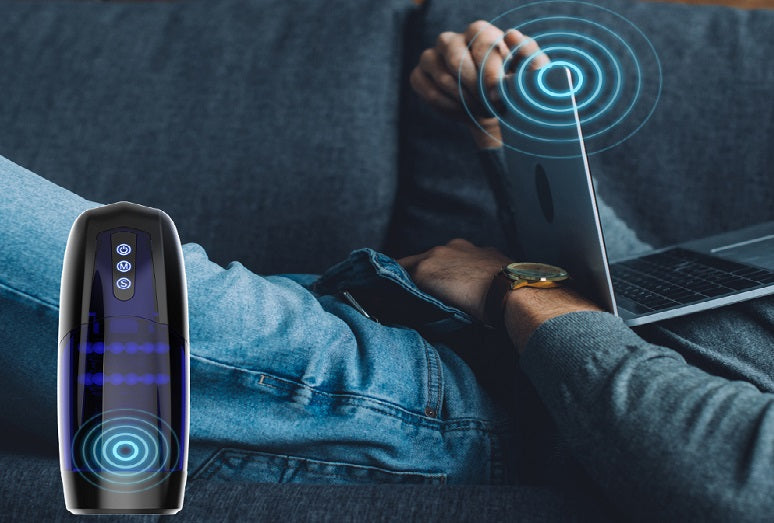 Black Xone male stroker with wireless-control graphics.