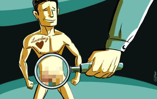 Illustration of a man with a magnifying glass over a censored genital area.