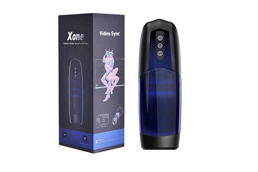Black Xone male stroker beside its product box.