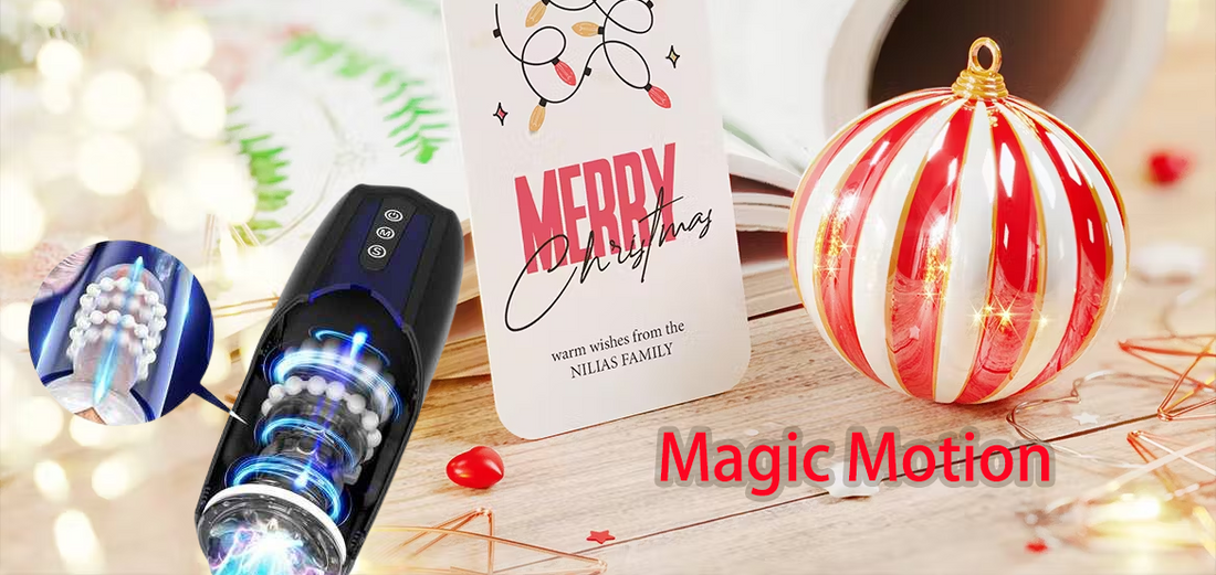 Magic Motion male masturbator beside a Christmas card and ornament.