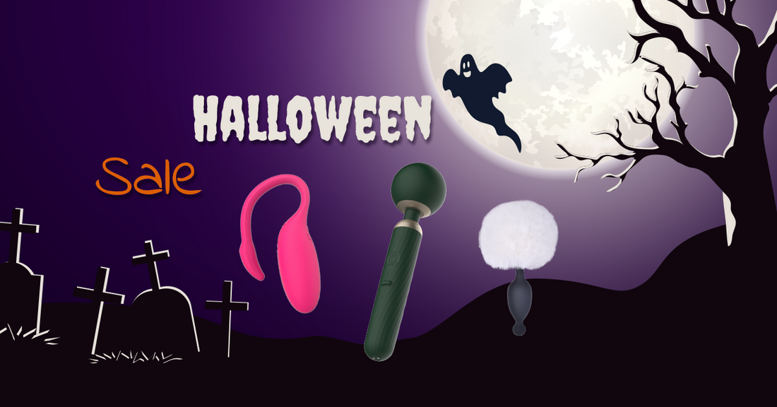 Halloween sale graphic with three intimate wellness products.