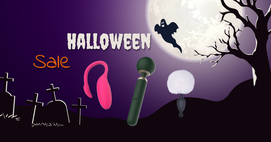 Halloween sale graphic with three intimate wellness products.