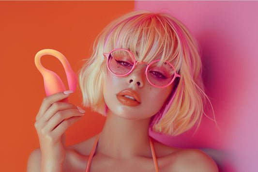 Woman in pink glasses holding a pink wearable vibrator.