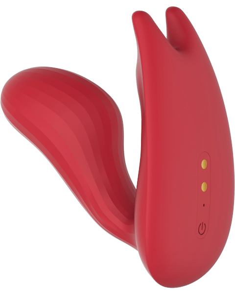 Red dual-stimulation wearable vibrator on a transparent background.