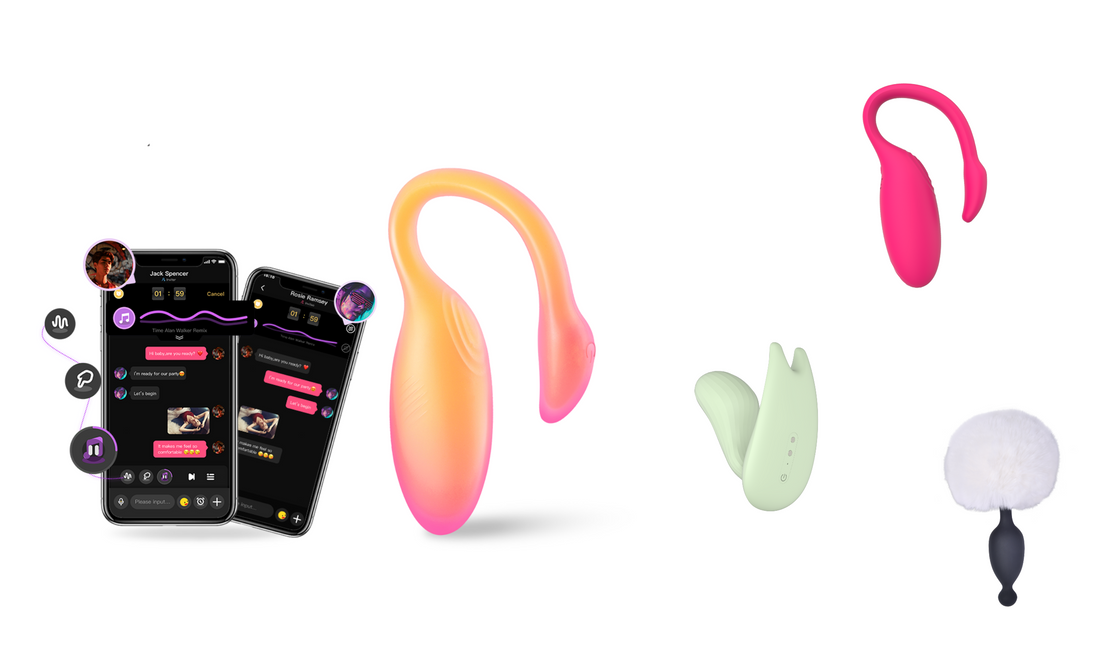 Magic Motion chat control app screen with a gradient wearable vibrator and toy lineup.