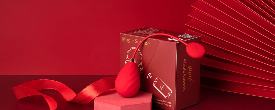 Red Magic Sundae wearable vibrator and product box on a red display.