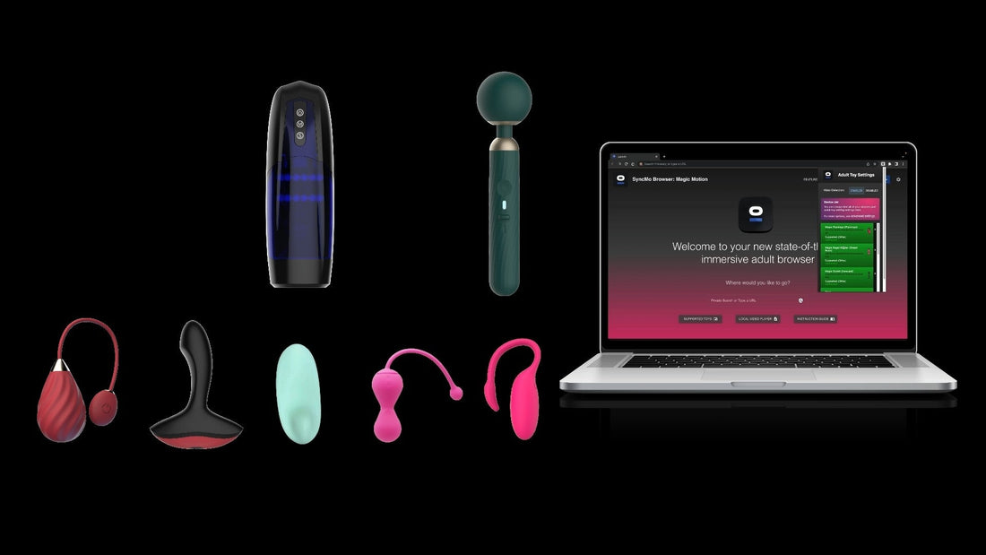 SyncMo Browser laptop screen surrounded by compatible smart toys.