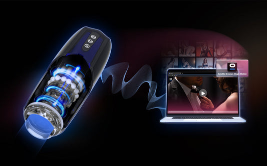 Black Xone male stroker beside a laptop video interface.
