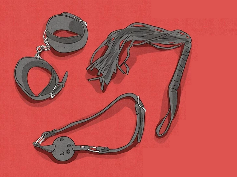 Illustration of handcuffs, a blindfold and a flogger on a red background.