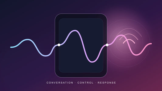 Abstract AI conversation waveform crossing beyond a screen into a connected haptic pulse.