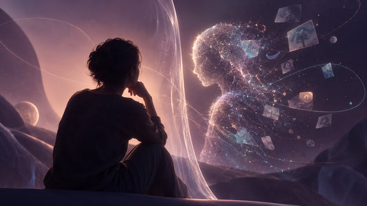 A person facing an abstract luminous AI presence across a boundary of memory and trust.