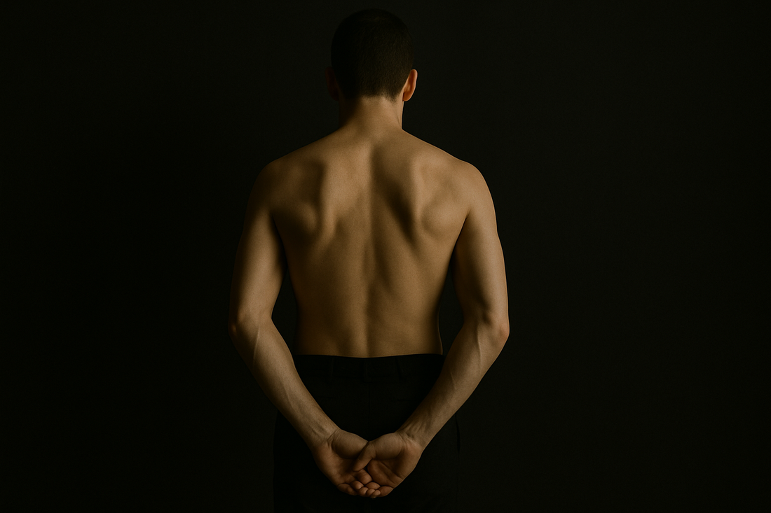Back view of a shirtless man with hands clasped behind him.