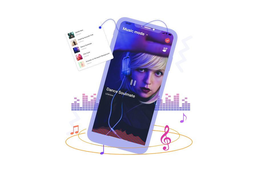 Magic Motion app music-mode screen with colorful music notes.