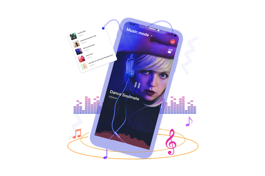 Magic Motion app music-mode screen with colorful music notes.