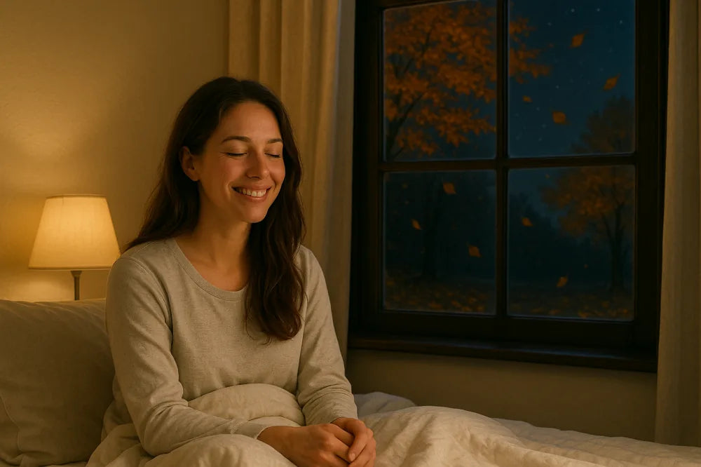 Smiling woman sitting on a bed beside a window with autumn leaves outside.