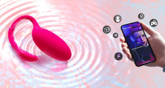 Pink Magic Flamingo wearable vibrator beside a phone app screen.
