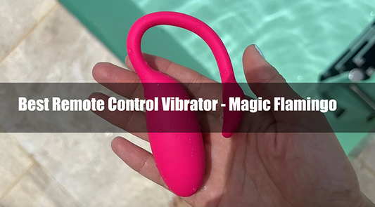 Pink Magic Flamingo vibrator held above water with title text.