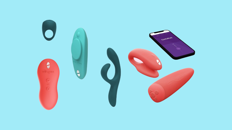 Assorted app-controlled vibrators and a smartphone on a blue background.