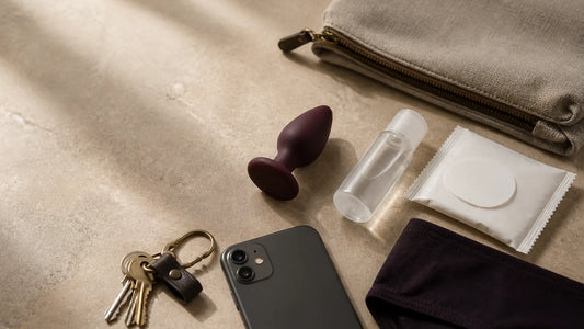 Discreet anal-toy travel kit with lubricant, wipes, pouch, phone, and keys.