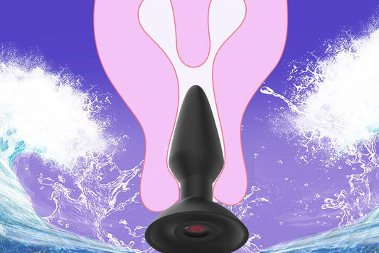 Black butt plug illustration over a stylized pink figure and water splashes.