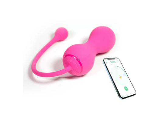 Pink Kegel Master device beside a phone app.