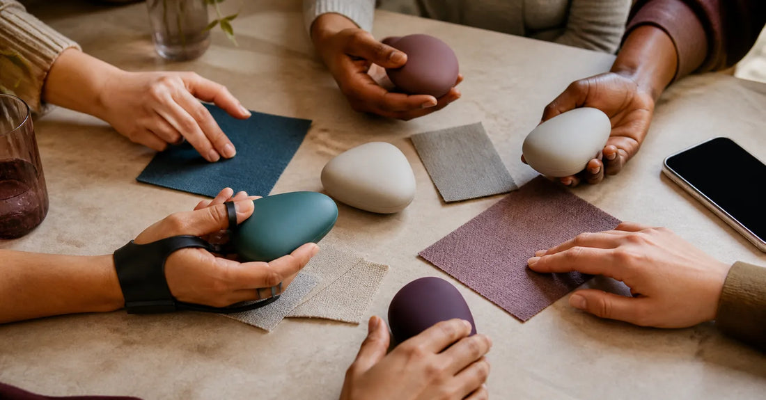 Different hands comparing accessible pleasure products by shape and control style.