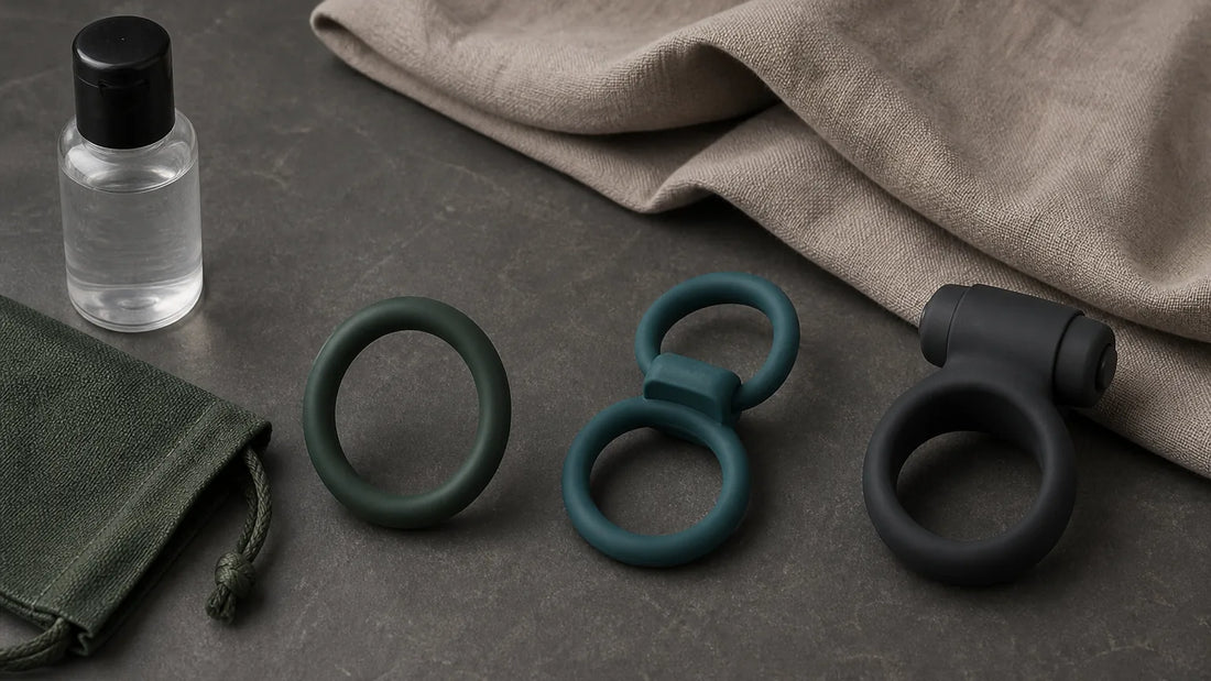 Three flexible cock ring styles arranged beside lubricant and a storage pouch.