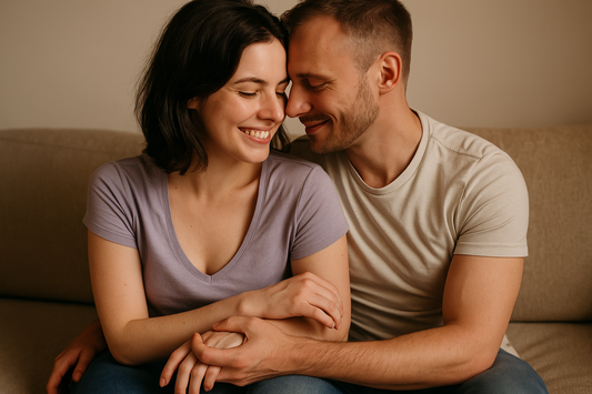 A couple sharing a quiet, intimate moment on the couch, representing trust and connection behind safe, discreet public play.