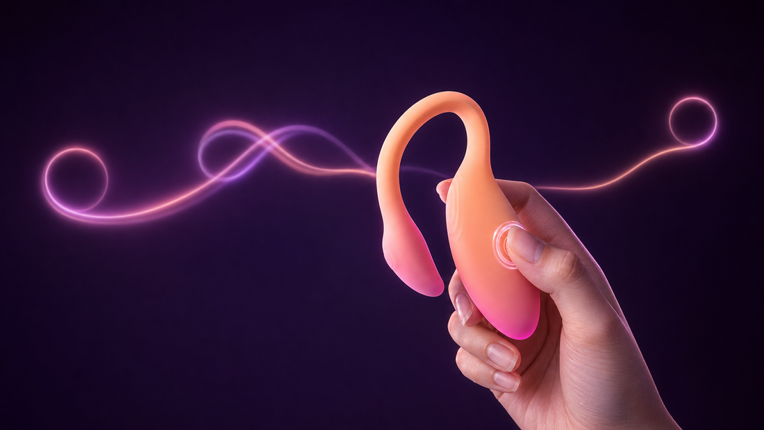 Magic Flamingo Max held in a hand with abstract light trails representing solo, local, and long-distance connection