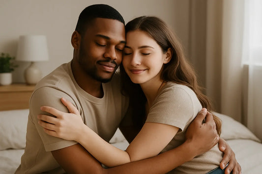 Couple sitting close together on a bed with their eyes closed.