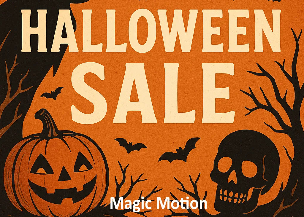 Halloween Sale graphic with a jack-o-lantern, bats, and skull.