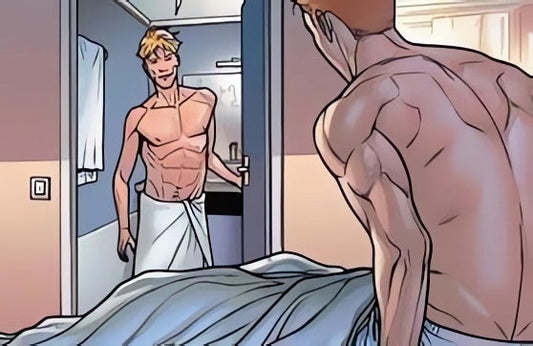 Illustration of two shirtless men in a bedroom.