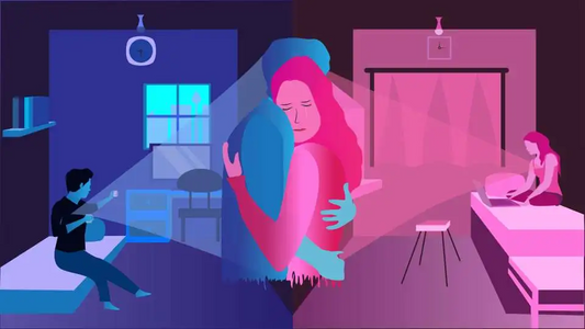 Illustration of a couple hugging across two rooms during a video call.