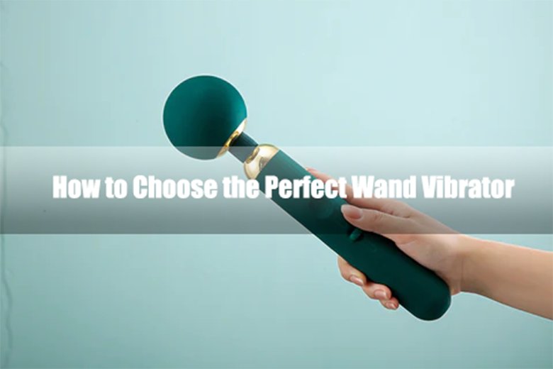 Hand holding a dark green wand vibrator with guide text.