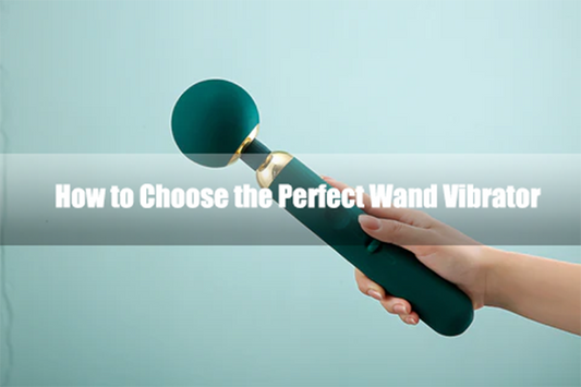 Hand holding a dark green wand vibrator with guide text.