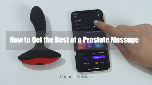 Black prostate massager beside a phone app and guide title.