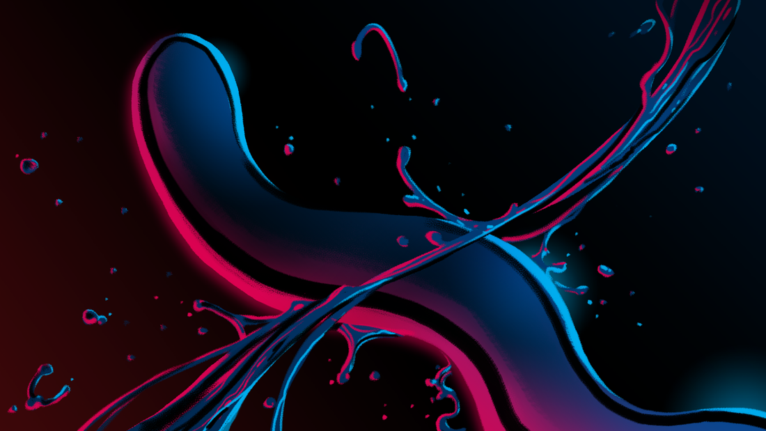 Abstract blue and pink illustration of a curved vibrator with splashing lines.