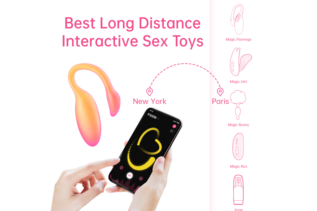 Best Long Distance Interactive Sex Toys graphic with phone app and connected products.