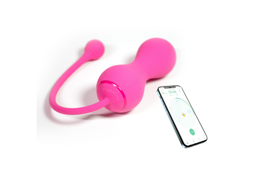 Pink Kegel trainer shown beside a smartphone app screen.