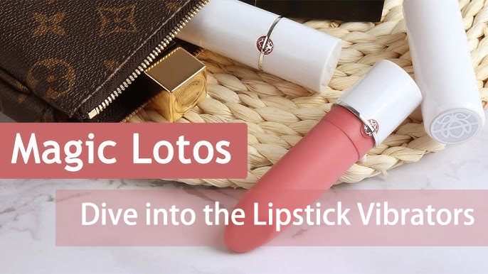 Pink lipstick vibrator beside cosmetics with guide text.