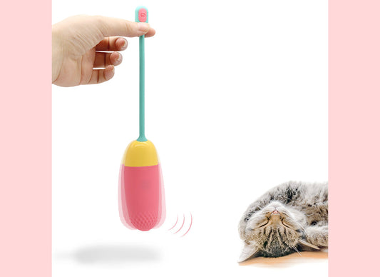 Hand holding a pink wearable vibrator beside a sleeping cat.