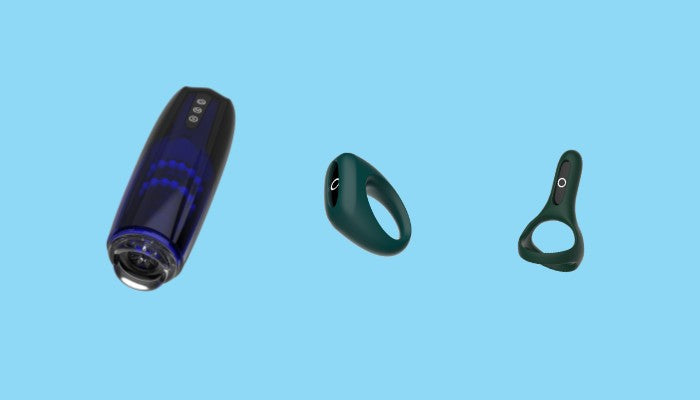 Three male sex toys on a blue background.