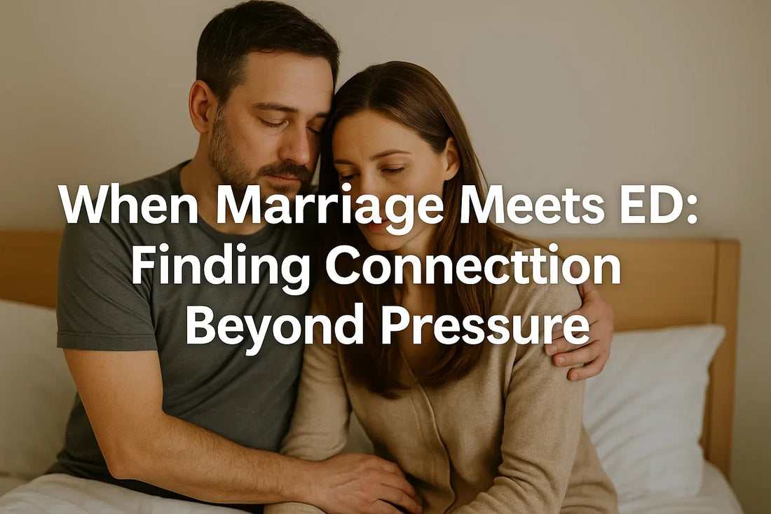 Couple sitting close together on a bed, with text about finding connection beyond pressure.