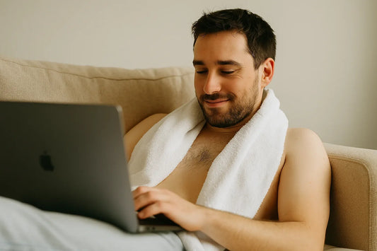 Man relaxing on a couch with a towel around his shoulders while using a laptop.